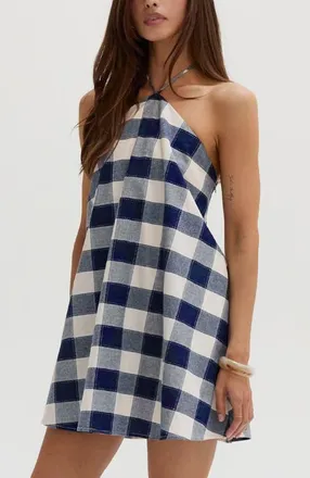 Crescent Gingham Halter Romper Dress in Navy at Nordstrom, Size X-Small