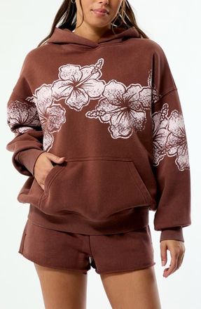 PacSun Hibiscus Print Cotton Blend Hoodie in Brown at Nordstrom, Size Xx-Small