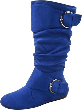 Forever Link Womens Klein-70 Closed Round Toe Buckle Slouch Flat Heel Mid-Calf Boot, Royal Blue, 9 UK
