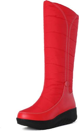 Generic Qynthra Womens Snow Boots Knee High Winter Waterproof Quilted Platform Warm Padded Mid Calf Design Contrast Stitching for Outdoor Activities,Red,4.5 U
