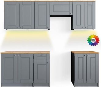 Vicco Mueble De Cocina Bergamo, Gris, 240 Cm, Et Goldkraft Con Tira De Led