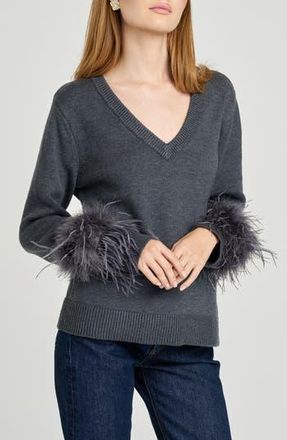 Wayf Bethany Feather Trim Sweater in Charcoal at Nordstrom Rack, Size X-Small