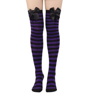 Generic Womens Thigh High Socks Ladies Girls Striped Over The Knee Thigh High Long Sock Cosplay Socks Stockings with Bow(Dark Purple,One Size)