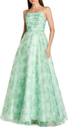 Mac Duggal Womens Strapless Floral Chiffon Gown with Ruched Detail in Sage Multi at Nordstrom, Size 10
