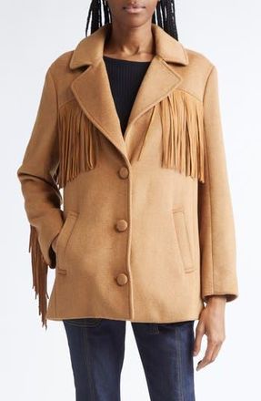Cinq &agrave; Sept Keeley Fringe Trim Coat in Dark Camel at Nordstrom Rack, Size Medium