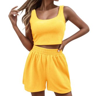 Generic Short Sets for Women,Womens Two Piece Outfit Summer Ladies Sexy Co Ord Set Crop Tank Top + Shorts Sleeveless Square Neck Crop Y2K Aesthetic Clothes St