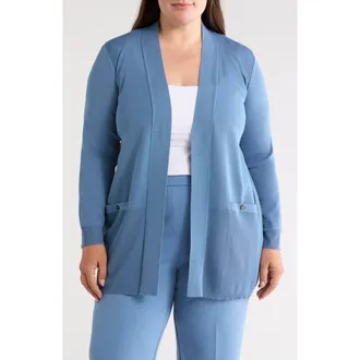 Anne Klein Pocket Open Front Cardigan in Dutch Blue at Nordstrom, Size 3X