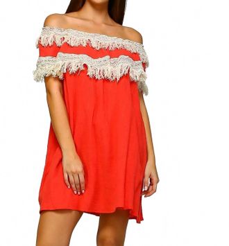 Velzera Off The Shoulder Fringe Mini Dress In Coral