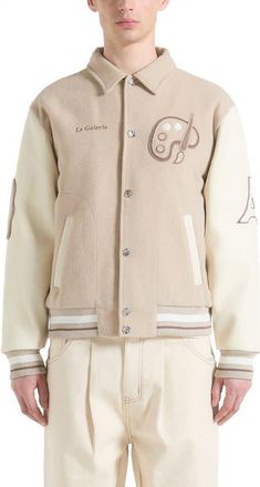 Mani&egrave;re De Voir Le Galerie Wool-Blend Varsity Jacket in Beige at Nordstrom, Size Xx-Large