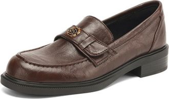 Generic Womens PU Leather Loafers Decorative Metal Emblem Slip-On Low Block Heel Round Toe Non-Slip Sole Comfortable Durable Stylish Shoes,Brown,6.5 UK