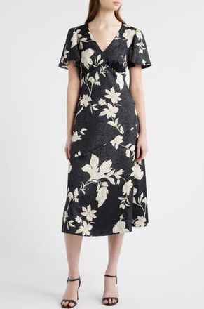 Chelsea28 Floral Jacquard Draped Midi Dress in Black- Ivory Jan Toile at Nordstrom Rack, Size X-Small