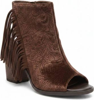 Volatile Womens Embossed Velvet Fringe Western Bootie In Brown