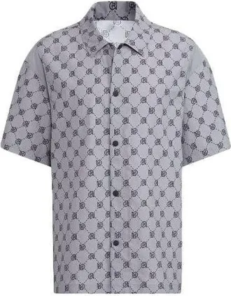 adidas Mens adidas neo Pattern Full Print Athleisure Casual Sports Short Sleeve Shirt Gray IB5858