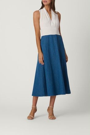Shoshanna Crinkle Chiffon Denim Combo Bentley Dress in Ivory at Nordstrom, Size 10