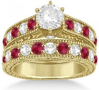 Allurez Antique Diamond & Ruby Bridal Ring Set in 14k Yellow Gold (2.75ct)