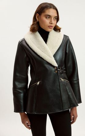 Karen Millen Womens Faux Leather Bonded Waisted Peplum Coat - Monochrome Multi - Size 12 UK