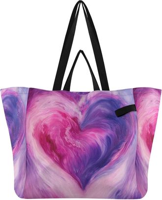 Generic Purple Heart Pink print Reusable Canvas Tote Bag, Heavy Duty Grocery Shopping Bag with Large Capacity Double Handles Hard Bottom Work Groceries Travel