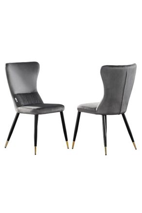 Life Interiors Set of 2 New York Modern Velvet Dining Chairs with High Back, Black Metal Legs, & Gold Tips in Grey