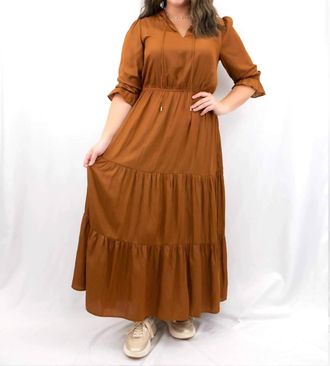 Skies Are Blue Clothing Long Sleeve Ruffle Maxi Dress In Brown