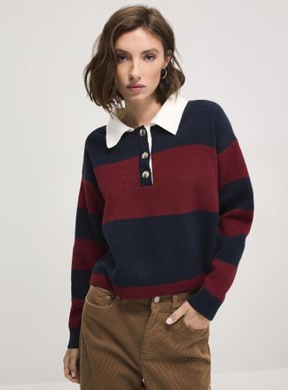 Icone Womens Golden buttons Polo Shirt collar striped cropped sweater