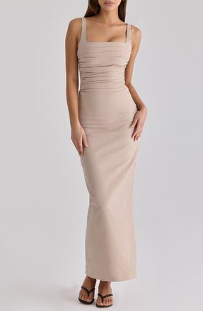 House of CB Calandra Stretch Crepe Ruched Maxi Dress in Taupe at Nordstrom, Size X-Large