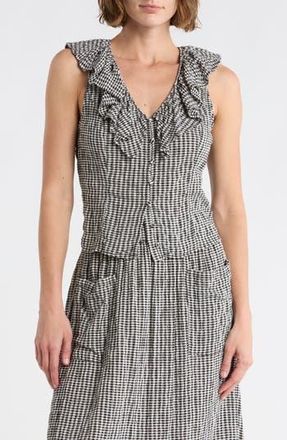 Melrose and Market Ruffle V-Neck Sleeveless Top in Black- Ivory Mini Gingham at Nordstrom Rack, Size Xx-Small