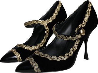 Dolce & Gabbana Womens Black Mary Janes Velvet Gold Pumps Shoes
