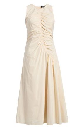 Theory Asymmetric Ruched Sleeveless Midi Dress in Almond at Nordstrom, Size 10