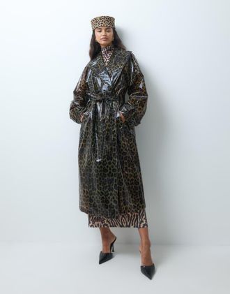Asos trench lungo lucido con stampa leopardata-Multicolore