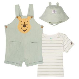 Disney Winnie the Pooh Shortall and T-Shirt Set with Hat in Pooh Light Green at Nordstrom, Size 12M