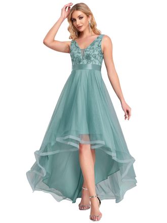 Ever-pretty Womens Wedding Dresses High Low V Neck Tulle Sequin Appliques Evening Gowns Dusty Blue 08