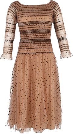 Self Portrait Shirred Polka-Dot Off Shoulder Midi Dress in Nude Polyamide