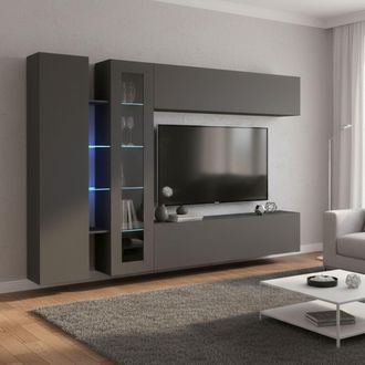 Dmora Pared Equipada Dborin, Conjunto De Sal&oacute;n Mueble Tv Con 4 Puertas, Mueble De Sal&oacute;n Polivalente, 100% Made In Italy, Cm 280x30x180, Antracita - Dmora