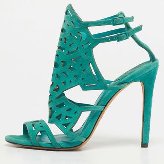 Brian Atwood Green Suede Laplata Laser Cut Sandals Size 39.5
