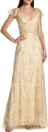 Mac Duggal V-Neck Flutter Sleeve Embroidered Lace Evening Gown in Gold at Nordstrom, Size 18