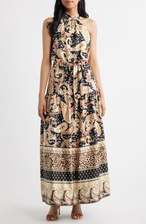 Julia Jordan Paisley Print Stretch Satin Maxi Dress in Black Multi at Nordstrom, Size 10
