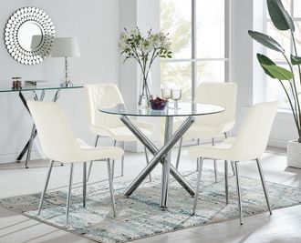 Furniturebox Selina Round Glass Chrome Leg Dining Table & Pesaro Silver Leg Chairs in Cream | Size: 4 Person