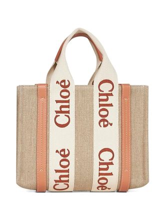 Chloé small Woody logo-detail linen tote bag - Neutrals
