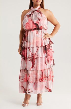 Socialite Metallic Floral Print Halter Dress in Peach/Brown at Nordstrom, Size 1 X