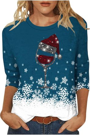 Generic Womens Christmas Jumpers T Shirts Women 3/4 Sleeve Xmas Wine Glass Pattern Pullover Casual Crew Neck Ladies Xmas Tops Christmas Tops for Women UK