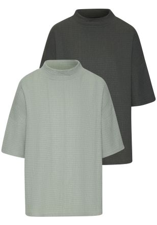 Lascana Kurzarmshirt LASCANA mit Stehkragen, Damen, Gr. 32/34, gr&uuml;n (graugr&uuml;n, lindgr&uuml;n), Cr&ecirc;pe, Obermaterial: 97% Polyester, 3% Elasthan, unifarben, l&auml;ssig g