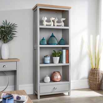 Home Source Industries Oak Tall Bookcase Display Unit 4 Bookshelves Storage Drawer 36mm Top in Grey