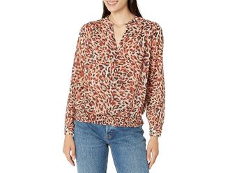 Liverpool L.A. Long Sleeve Woven Blouse with Smocked Waistband Womens Clothing Watercolor Cheetah Print : LG, Polyester