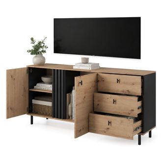 Dmora Aparador Haradali, 3 Cajones, 2 Estantes, Puertas Abatibles, Correderas, 165x40x82h Cm Roble Nudoso Marr&oacute;n