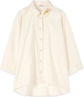 Oltre Viscosemix shirt met metalen broche - Dames - Overhemden - Wit - XS - Polyester - Overhemden