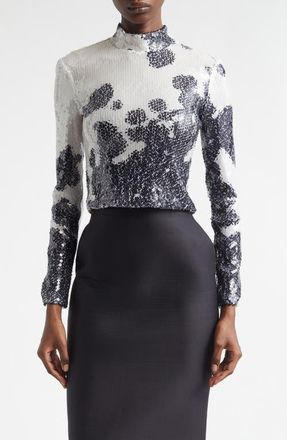 Brandon Maxwell The Maven Paillette Cow Print Mock Neck Top in Spotted Black at Nordstrom, Size Medium