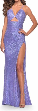 La Femme Sequin Cut Out Lace Up Gown In Periwinkle
