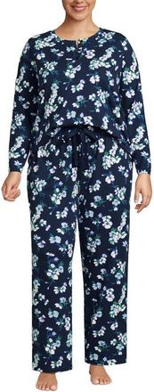 Lands End Petite Knit 2 Piece Pajama Set - Long Sleeve Top and Pants in Deep Sea Navy Painterly Floral at Nordstrom, Size 2X