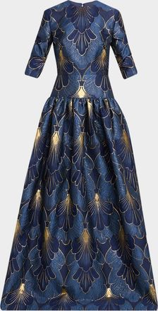 Reem Acra 3/4-Sleeve Lame Brocade Drop-Waist Gown