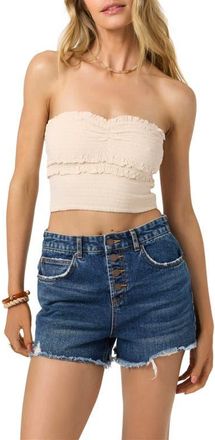 O'Neill Dedra Smocked Ruffle Strapless Crop Top in Tapioca at Nordstrom, Size Medium